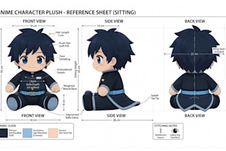 design custom plush reference sheet stuffed animal toy concept plushie tech pack