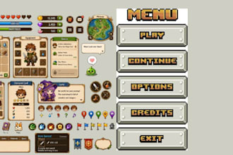 create pixel art ui, hugui, buttons, game icons game assets game ui