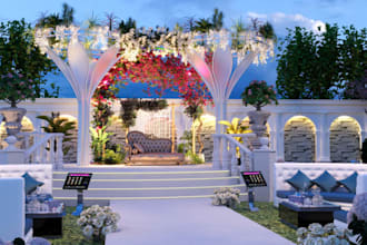 do 3d event design, stage rendering, interior hall, banquet, stage, venue, space