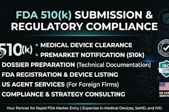 prepare fda 510k submission, medical device listing, and regulatory compliance