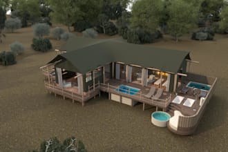 design realistic 3d safari lodge, luxury wildlife resort and african eco retreat