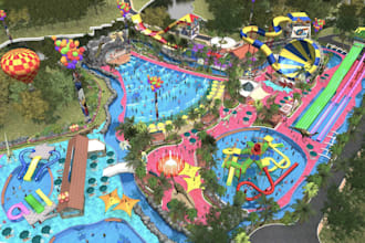design a 3d waterpark, aqua park, resort pool design and amusement park