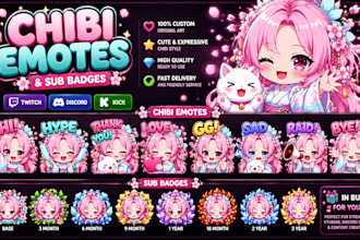 create chibi emotes or sub badges for twitch discord kick in bulk for you