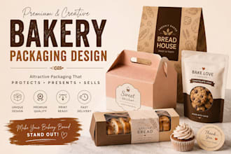 design modern bakery packaging, bread bag and pastry box