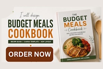 design budget meals cookbook, recipe book, canva cookbook KDP layout, templates