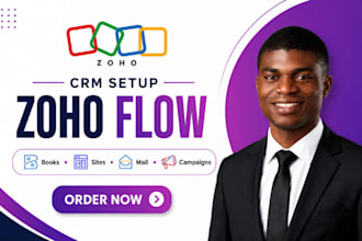 setup zoho crm, zoho flow, zoho books, zoho sites, campaigns, mail integration