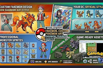 design fakemon, custom pokémon art in ken sugimori style, digimon trainer sprite
