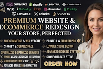 redesign woocommerce shopify squarespace etsy pod printful shineon zakeke seo