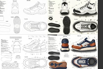 create shoe tech pack and footwear technical pack for manufacturing, shoe design