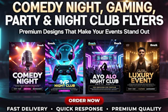 design comedy night flyer, gaming flyer, event, party, night club, comedy