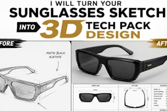 turn eyewear sketches into 3d eyewear design with full techpack for manufacturer