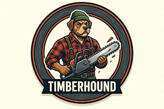 design a muscular dog lumberjack mascot logo with chainsaw for your brand