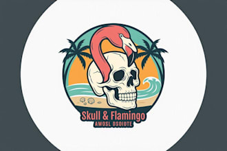 create skull and flamingo beach scene logo design for any of your business