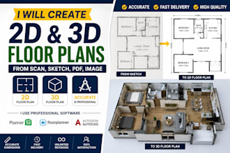 do 2d, 3d floorplan from scan, sketch using 5d planner, floorplanner, autocad