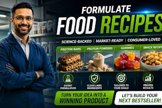 formulate culinary food recipes, protein bars, powders, gummies and snack recipe