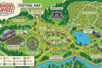do festival maps, concert maps, stadium maps, convention maps, fairground maps