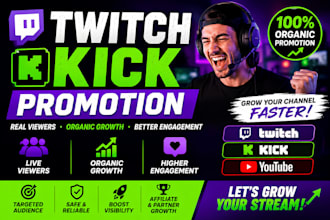 do twitch promotion,youtube,kick promotion,live viewers, organic channel growth