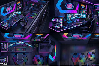 design 3d gaming room, isometric room, podcast room and home office design