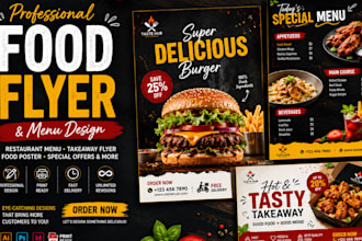 design restaurant menu, bifold food brochure template and takeaway flyer