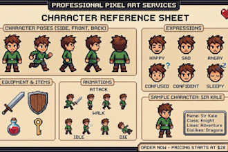 2d pixel art reference sheet and pixel character reference sheet