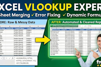 fix messy excel sheets with data cleaning, vlookup, xlookup and iferror formulas