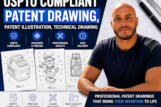 design uspto compliant patent drawing, patent illlustration, technical drawing