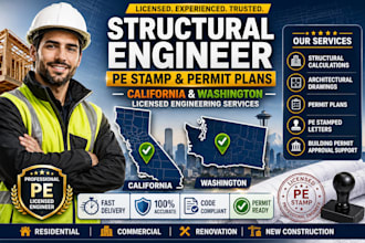 structural engineer, architectural drawing, stamp in california and washington