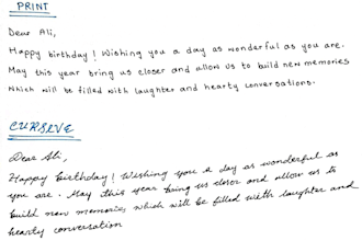 handwrite personalised letters in print or cursive style