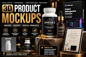 create realistic 3d product mockups for amazon shopify digital products or ebook