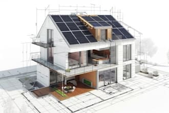 design 3d residential building,v ray, solar panels, garden design, house drawing