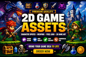 create 2d game asset, weapon, game character sprite, pixel logo, 2d game art