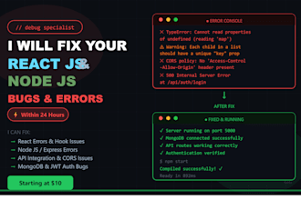 fix your react js or node js bug within 2 hours