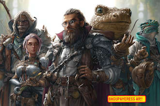 draw dnd character design, concept art and dnd party