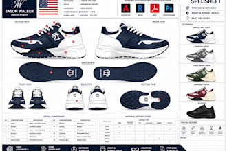 design sneaker footwear tech pack, shoe design tech for factory manufacturing