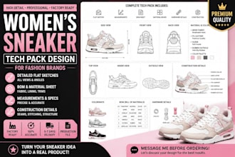 high detail womens sneaker tech pack design for fashion brands