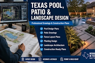 create texas pool landscape design, patio drawings, fence and planting plans