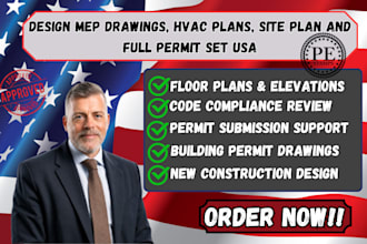 design mep drawings, hvac plans, site plan and full permit set USA