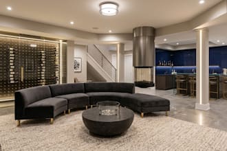 create basement 3d remodel design for home theater, cave, gym and living space