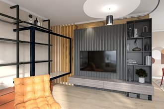 create modern living room bedroom and bathroom render