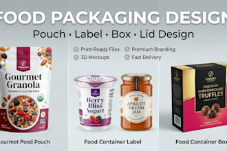 design food packaging, pouch, label, box, lid design and product packaging