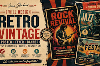 design retro vintage poster, flyer, banner, event promotion, music concert ad