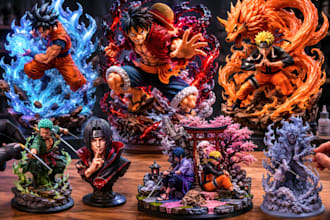 3d print and paint custom anime figure, miniature statue, diorama, resin model
