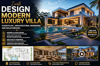 design modern luxury villa, floor plan, architectural rendering and walkthrough
