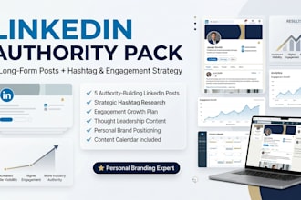 linkedin authority pack, 5 long posts plus hashtag and engagement plan