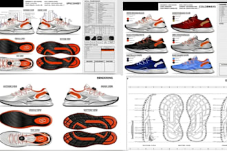 create shoe tech pack design, tech drawing for footwear, sneakers, boots, heels