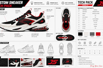 create shoe tech pack, sneaker tech pack, 3d footwear and custom shoe design