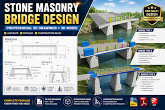 design stone bridge with 2d drawing and 3d model