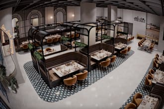 photorealistic restaurant architect interior rendering, cafe, coffee shop design
