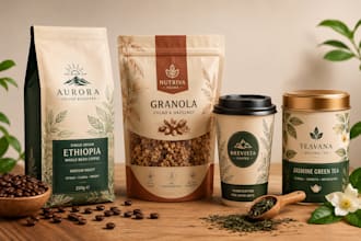 design coffee bag packaging, food pouch, cup and  tea label design for brands