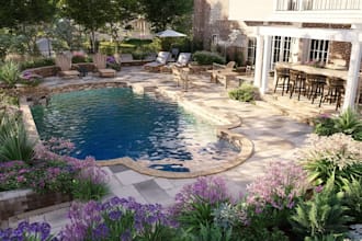 design landscape, terrace, backyard, pool, and patio